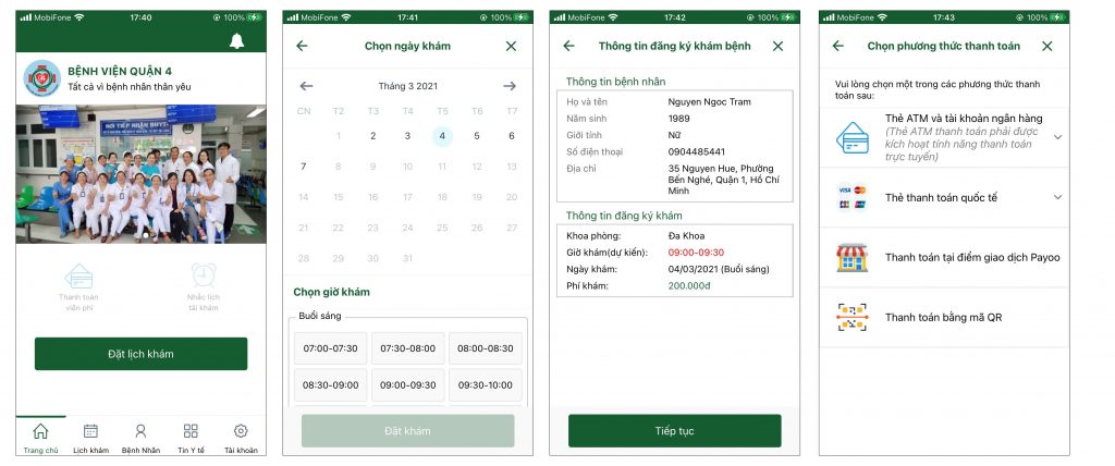 các bước đặt lịch khám trên ứng dụng "Bệnh Viện Quận 4"